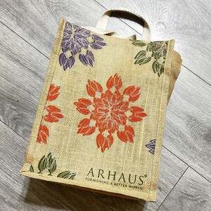 Arhaus Jute Earthy Tote Bag Tan Multicolor Floral Pattern 12.5 X 10 Inches